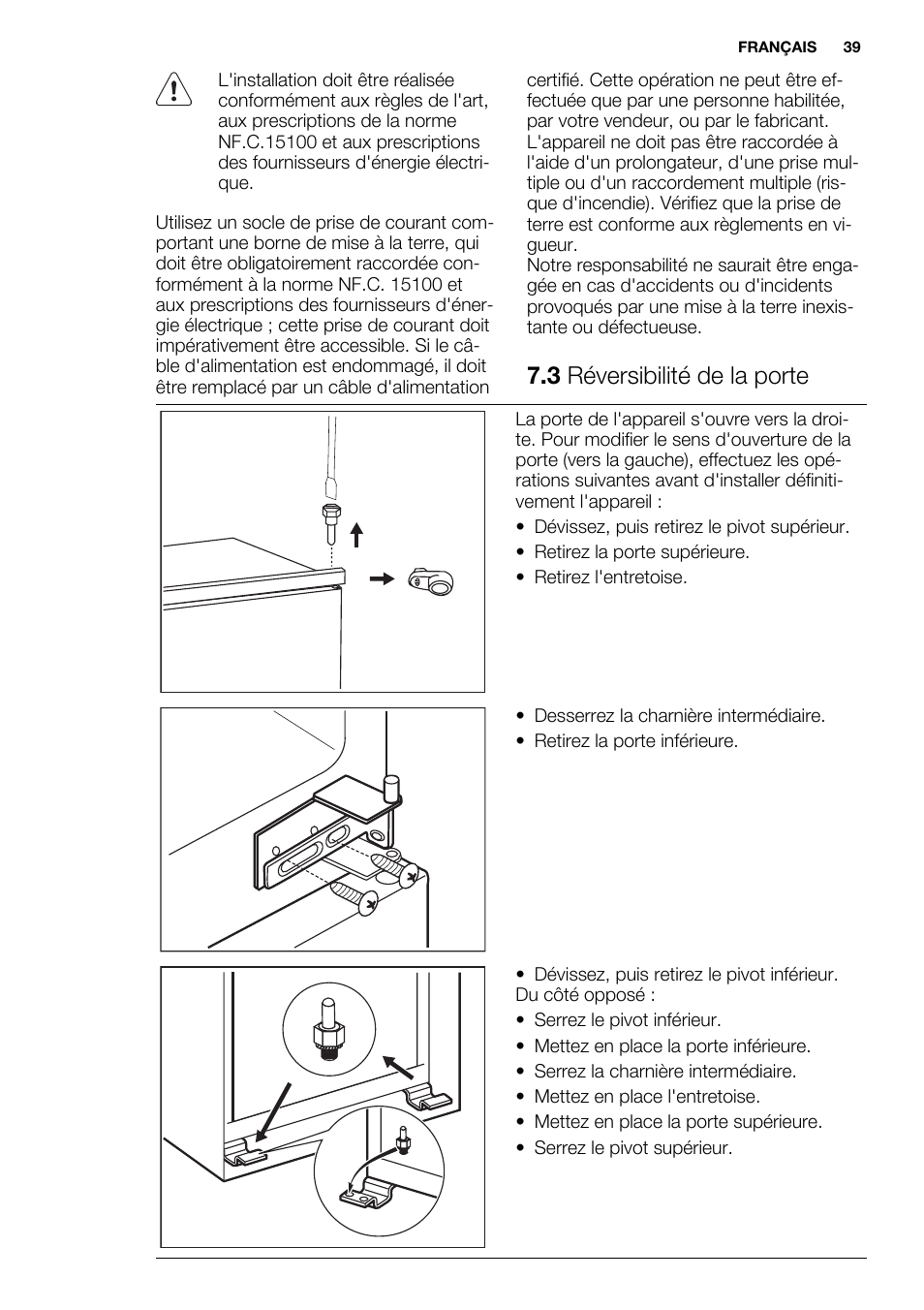 3 réversibilité de la porte | Electrolux ENN2803COW User Manual | Page 39 / 72