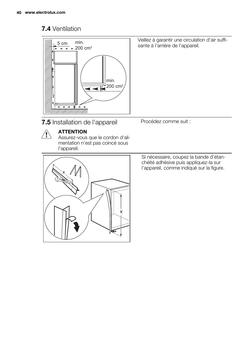 4 ventilation, 5 installation de l'appareil | Electrolux ENN2803COW User Manual | Page 40 / 72