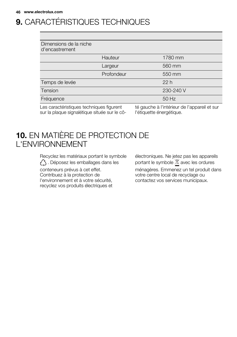 Caractéristiques techniques, En matière de protection de l'environnement | Electrolux ENN2803COW User Manual | Page 46 / 72