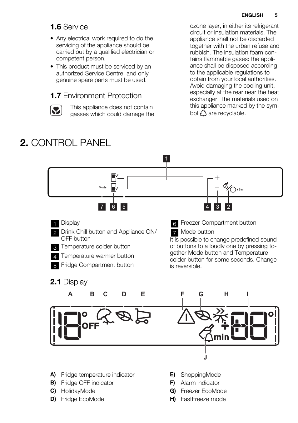 Control panel, 6 service, 7 environment protection | 1 display | Electrolux ENN2803COW User Manual | Page 5 / 72