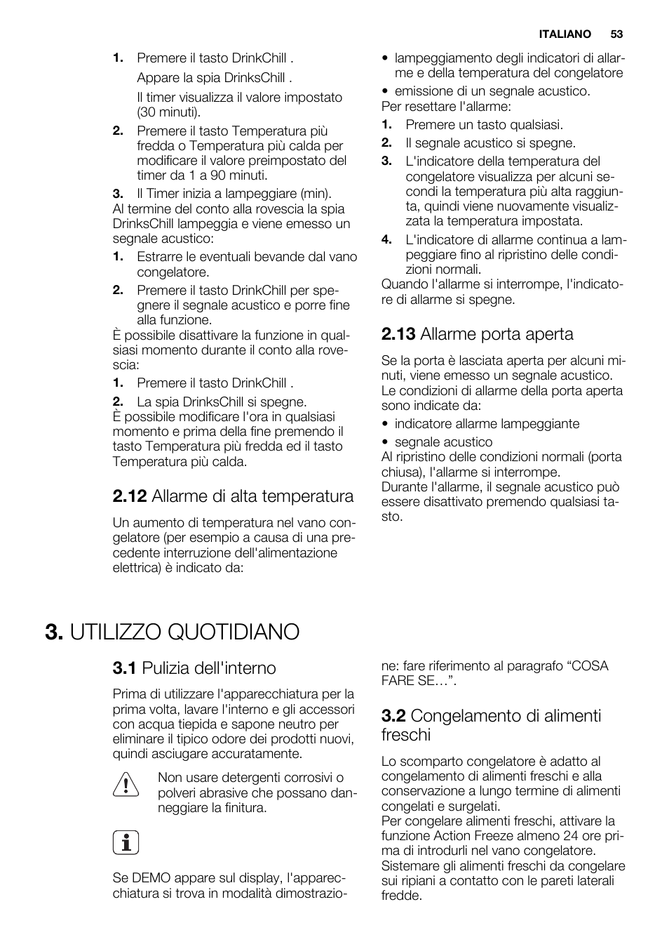 Utilizzo quotidiano, 12 allarme di alta temperatura, 13 allarme porta aperta | 1 pulizia dell'interno, 2 congelamento di alimenti freschi | Electrolux ENN2803COW User Manual | Page 53 / 72