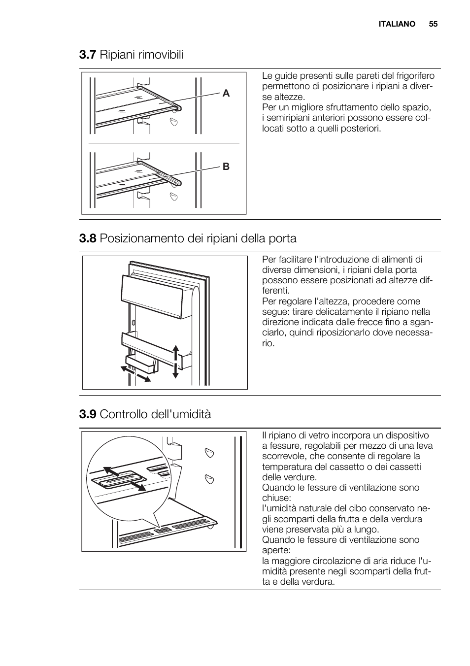 7 ripiani rimovibili, 8 posizionamento dei ripiani della porta, 9 controllo dell'umidità | Electrolux ENN2803COW User Manual | Page 55 / 72