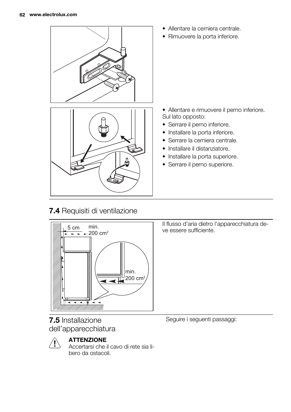 4 requisiti di ventilazione, 5 installazione dell’apparecchiatura | Electrolux ENN2803COW User Manual | Page 62 / 72