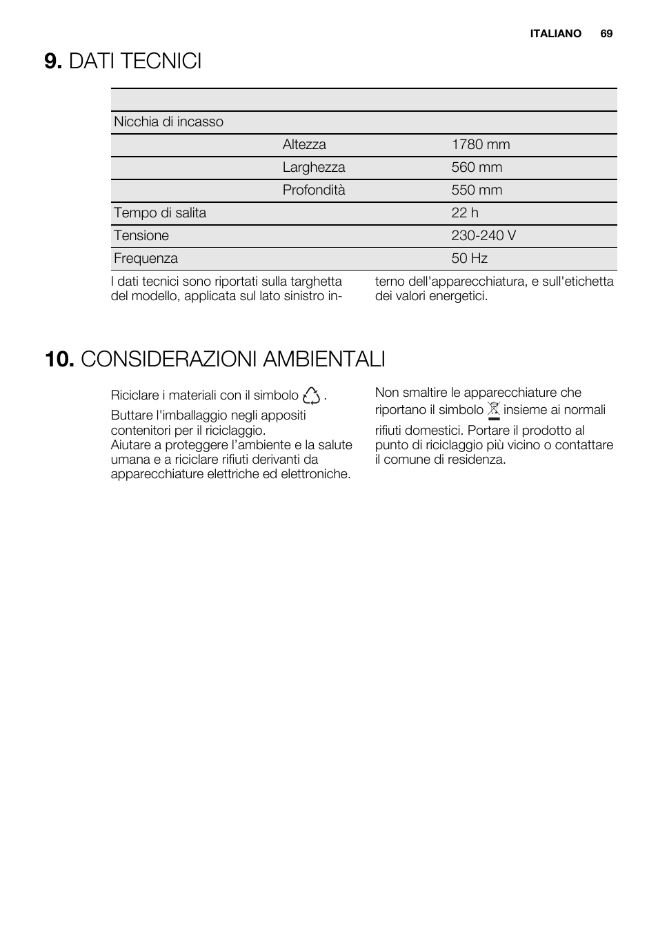 Dati tecnici, Considerazioni ambientali | Electrolux ENN2803COW User Manual | Page 69 / 72