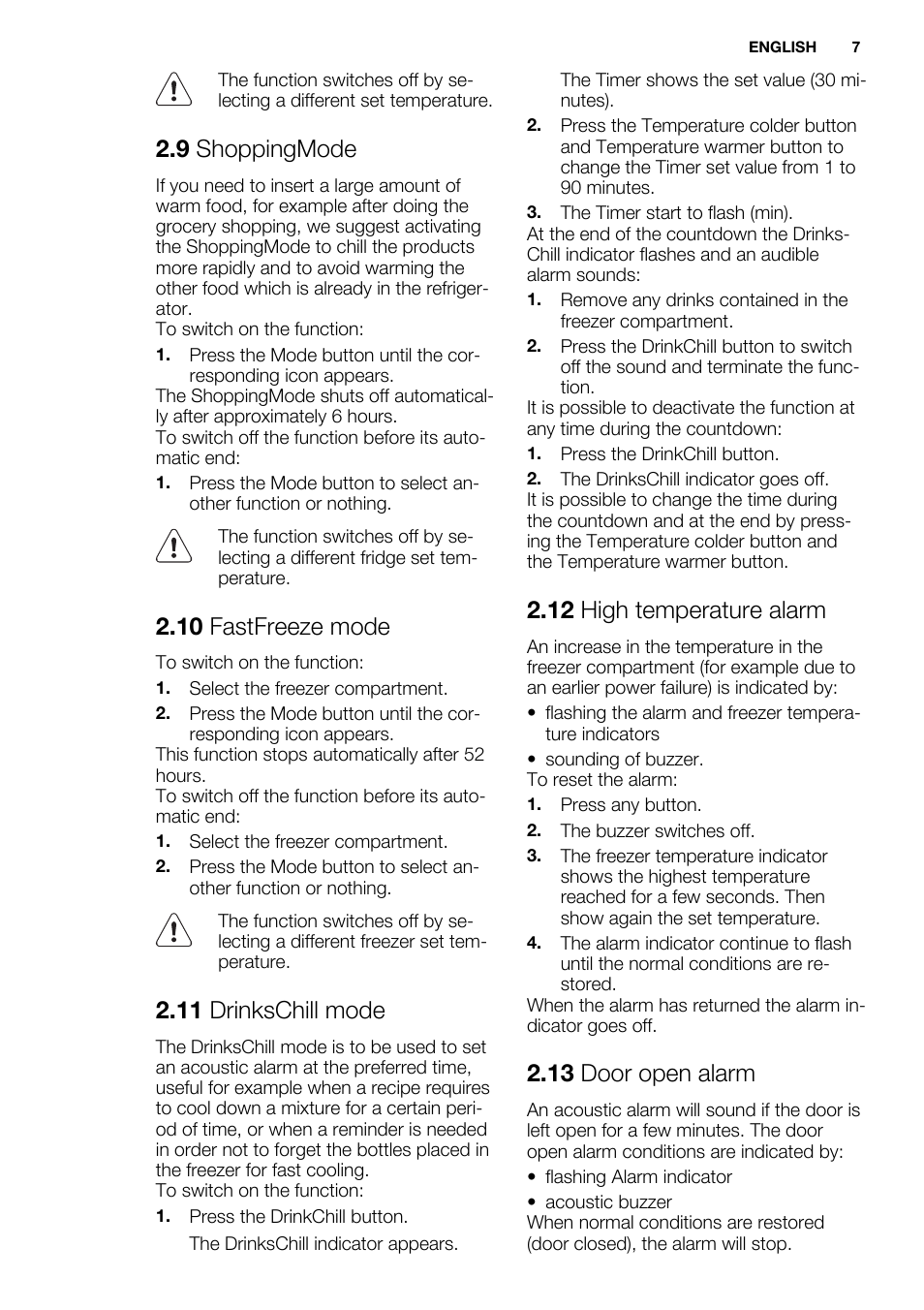 9 shoppingmode, 10 fastfreeze mode, 11 drinkschill mode | 12 high temperature alarm, 13 door open alarm | Electrolux ENN2803COW User Manual | Page 7 / 72