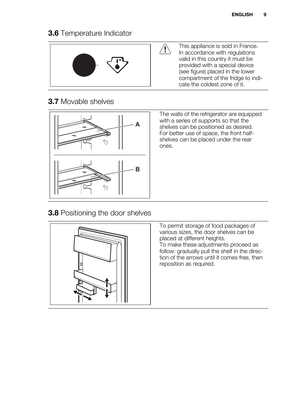 6 temperature indicator, 7 movable shelves, 8 positioning the door shelves | Electrolux ENN2803COW User Manual | Page 9 / 72
