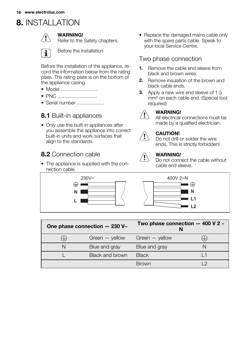 Installation, 1 built-in appliances, 2 connection cable | Two phase connection | Electrolux EHI8742F9K User Manual | Page 16 / 76