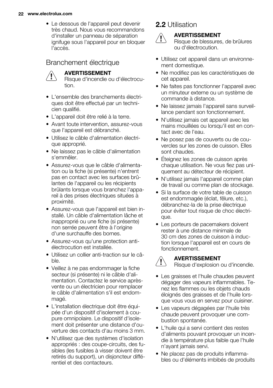 Branchement électrique, 2 utilisation | Electrolux EHI8742F9K User Manual | Page 22 / 76