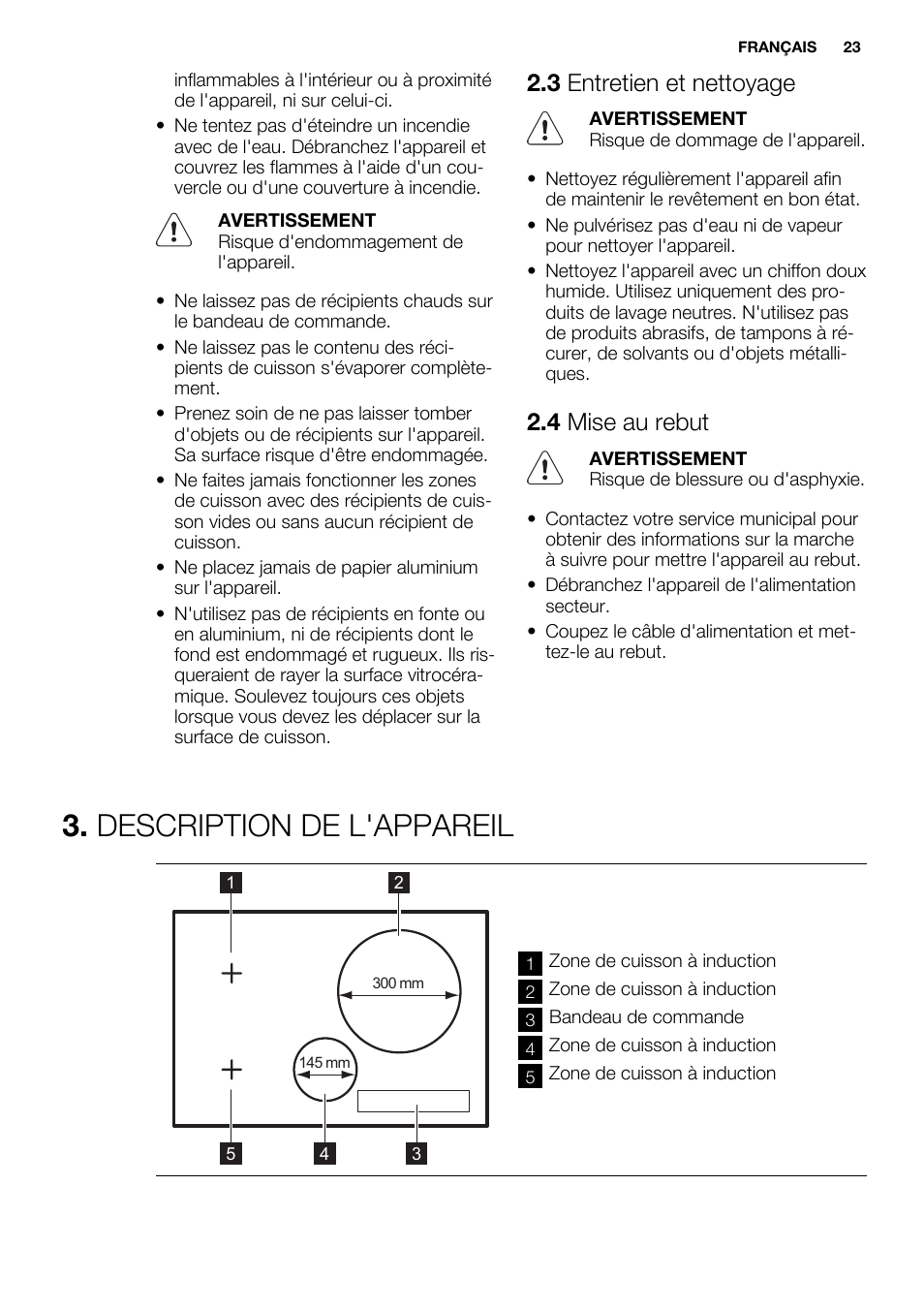 Description de l'appareil, 3 entretien et nettoyage, 4 mise au rebut | Electrolux EHI8742F9K User Manual | Page 23 / 76