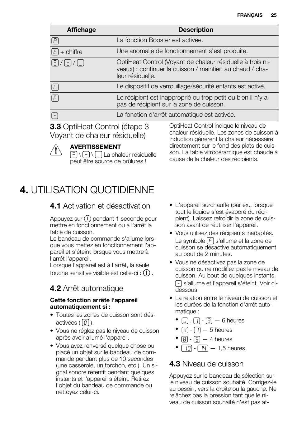 Utilisation quotidienne, 1 activation et désactivation, 2 arrêt automatique | 3 niveau de cuisson | Electrolux EHI8742F9K User Manual | Page 25 / 76