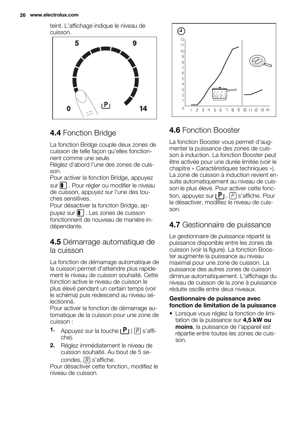 4 fonction bridge, 5 démarrage automatique de la cuisson, 6 fonction booster | 7 gestionnaire de puissance | Electrolux EHI8742F9K User Manual | Page 26 / 76