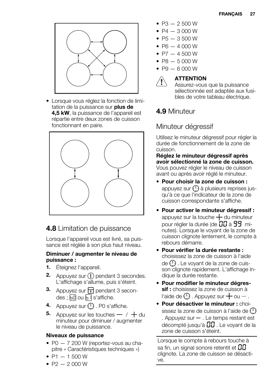 8 limitation de puissance, 9 minuteur minuteur dégressif | Electrolux EHI8742F9K User Manual | Page 27 / 76