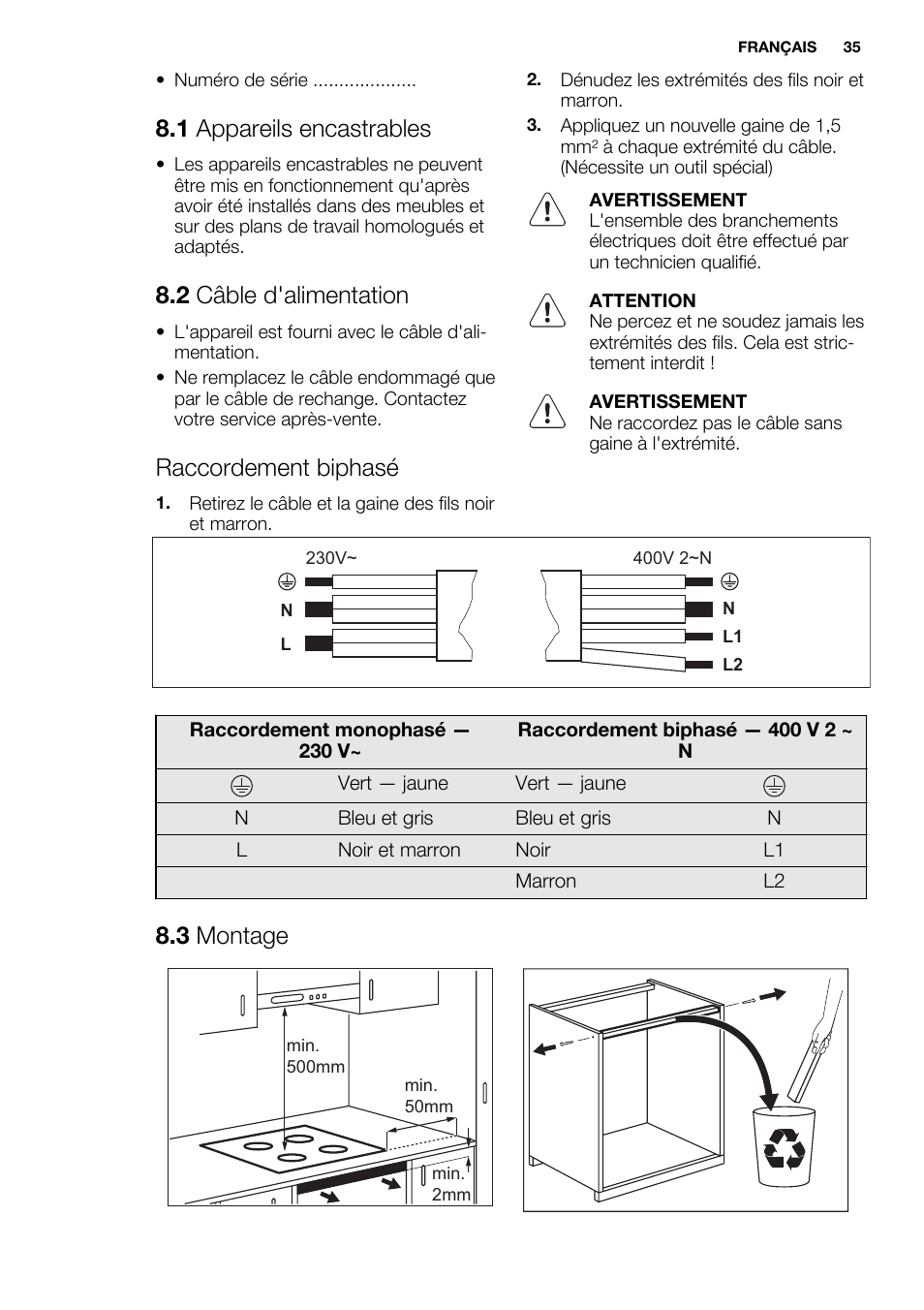 1 appareils encastrables, 2 câble d'alimentation, Raccordement biphasé | 3 montage | Electrolux EHI8742F9K User Manual | Page 35 / 76