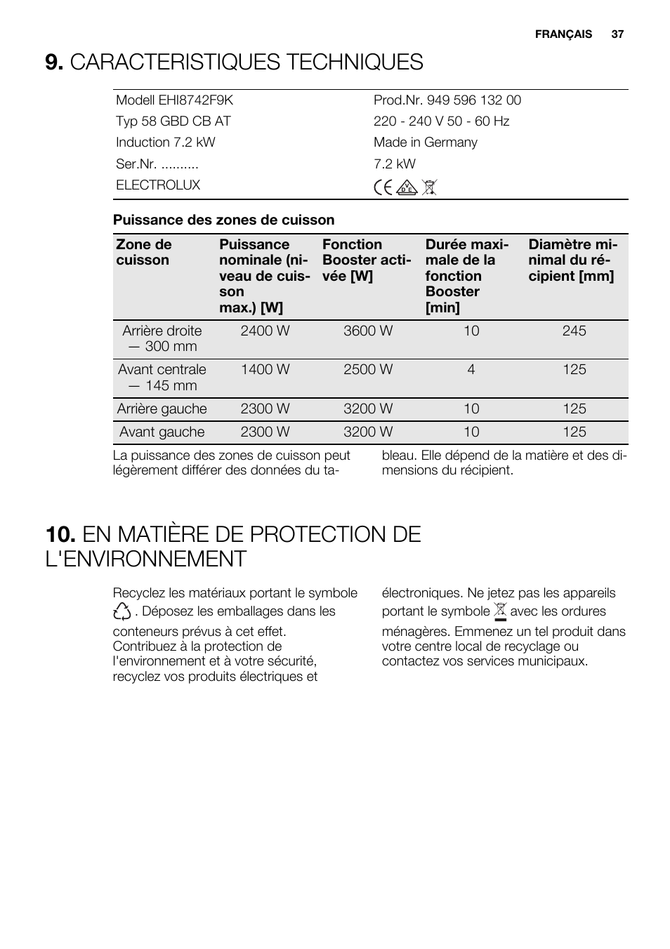 Caracteristiques techniques, En matière de protection de l'environnement | Electrolux EHI8742F9K User Manual | Page 37 / 76