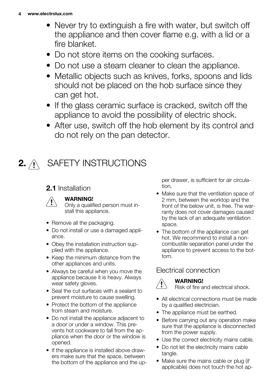 Safety instructions | Electrolux EHI8742F9K User Manual | Page 4 / 76