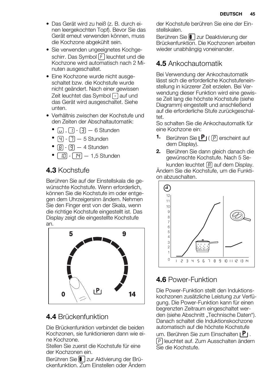 3 kochstufe, 4 brückenfunktion, 5 ankochautomatik | 6 power-funktion | Electrolux EHI8742F9K User Manual | Page 45 / 76