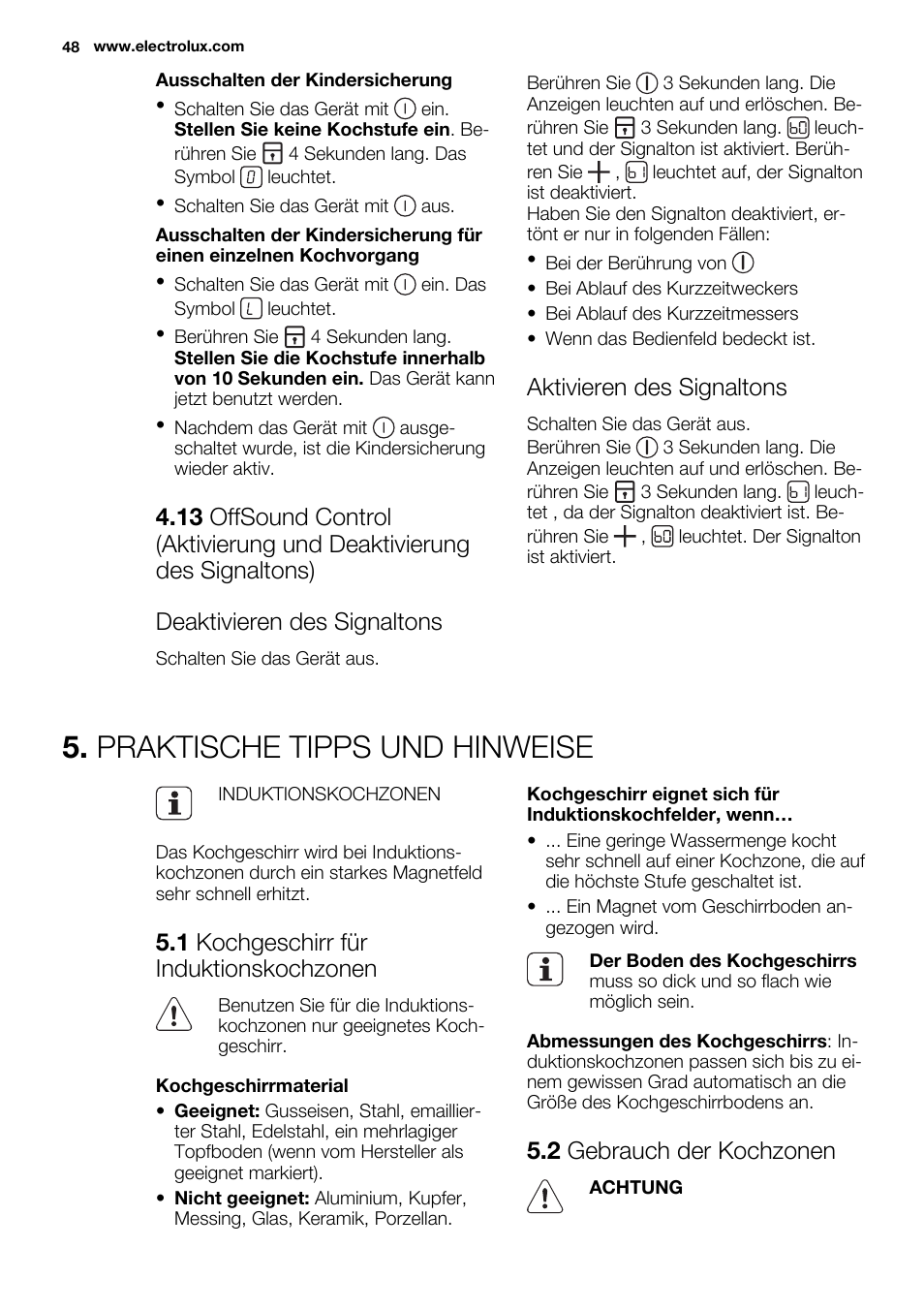 Praktische tipps und hinweise, Aktivieren des signaltons, 1 kochgeschirr für induktionskochzonen | 2 gebrauch der kochzonen | Electrolux EHI8742F9K User Manual | Page 48 / 76