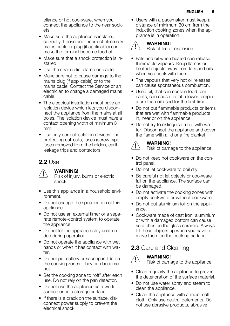 2 use, 3 care and cleaning | Electrolux EHI8742F9K User Manual | Page 5 / 76