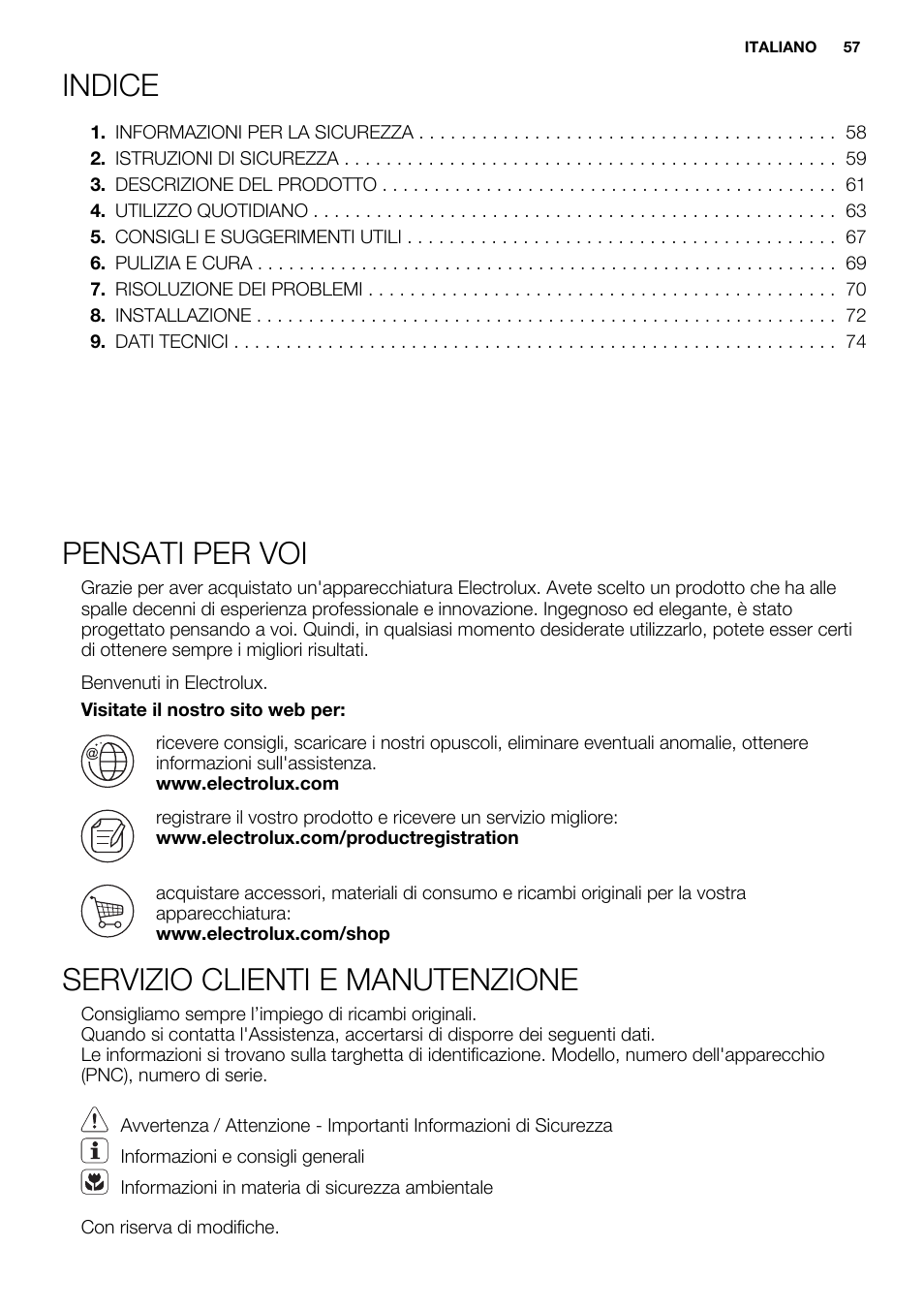 Indice, Pensati per voi, Servizio clienti e manutenzione | Electrolux EHI8742F9K User Manual | Page 57 / 76