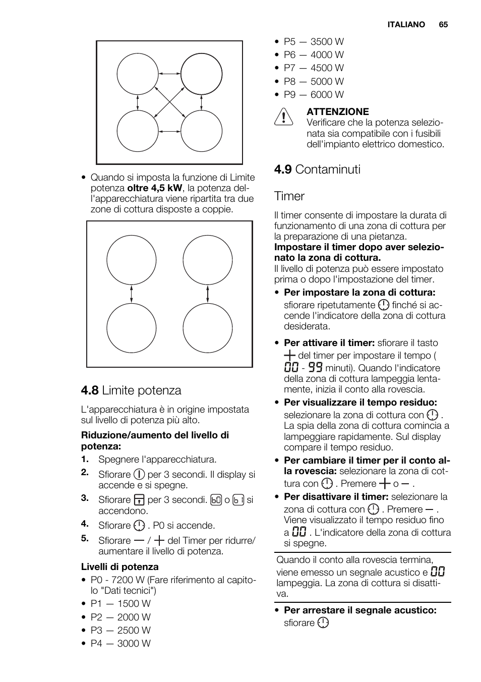 8 limite potenza, 9 contaminuti timer | Electrolux EHI8742F9K User Manual | Page 65 / 76