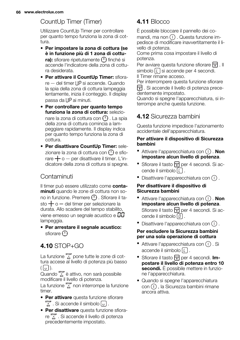 Countup timer (timer), Contaminuti, 10 stop+go | 11 blocco, 12 sicurezza bambini | Electrolux EHI8742F9K User Manual | Page 66 / 76