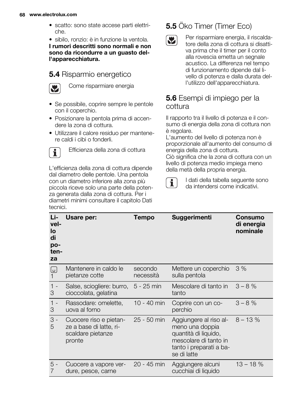 4 risparmio energetico, 5 öko timer (timer eco), 6 esempi di impiego per la cottura | Electrolux EHI8742F9K User Manual | Page 68 / 76