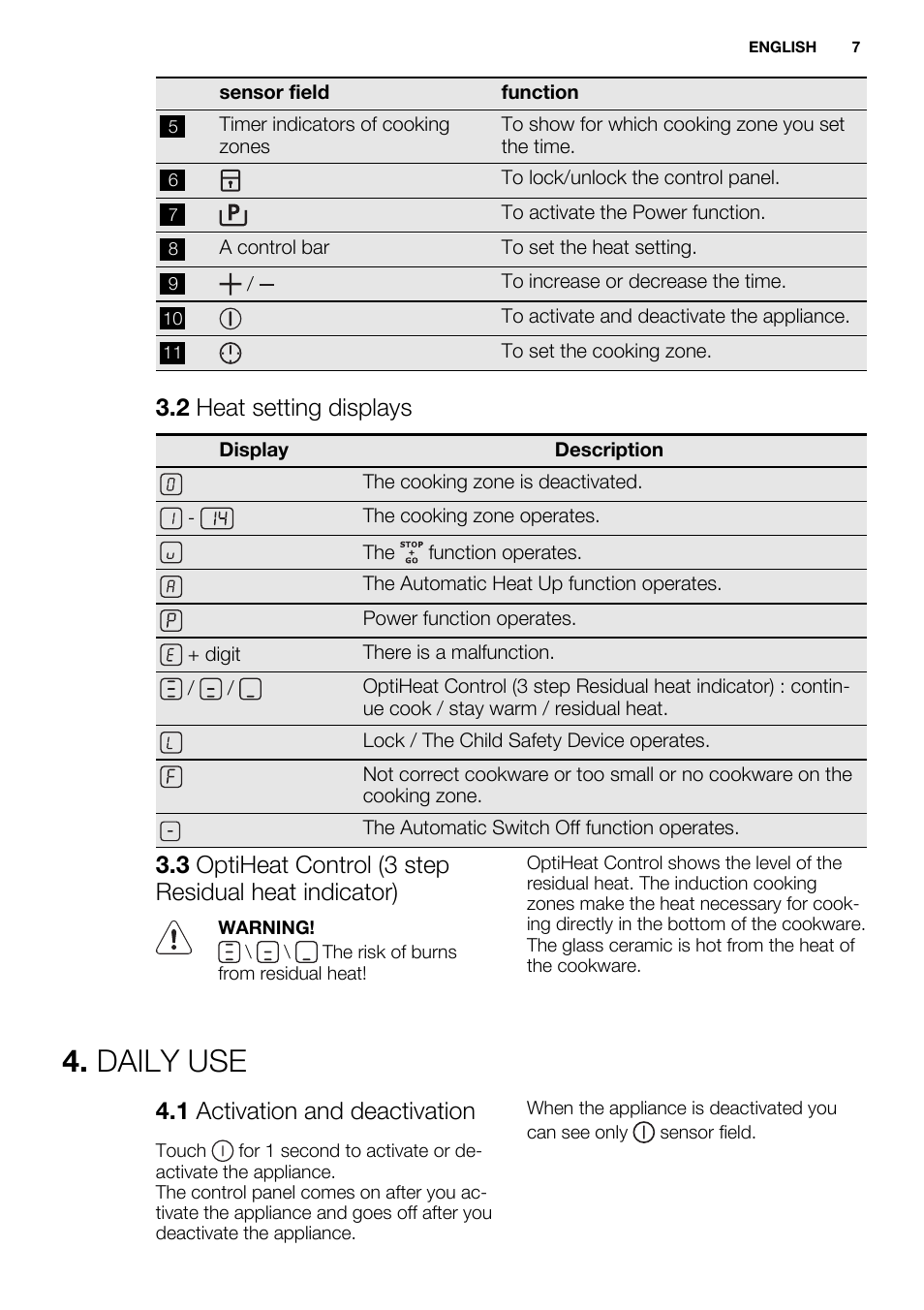 Daily use, 2 heat setting displays, 1 activation and deactivation | Electrolux EHI8742F9K User Manual | Page 7 / 76