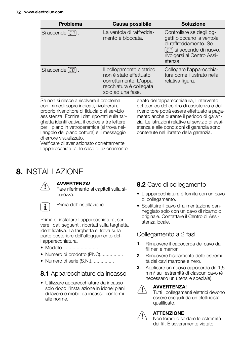 Installazione, 1 apparecchiature da incasso, 2 cavo di collegamento | Collegamento a 2 fasi | Electrolux EHI8742F9K User Manual | Page 72 / 76