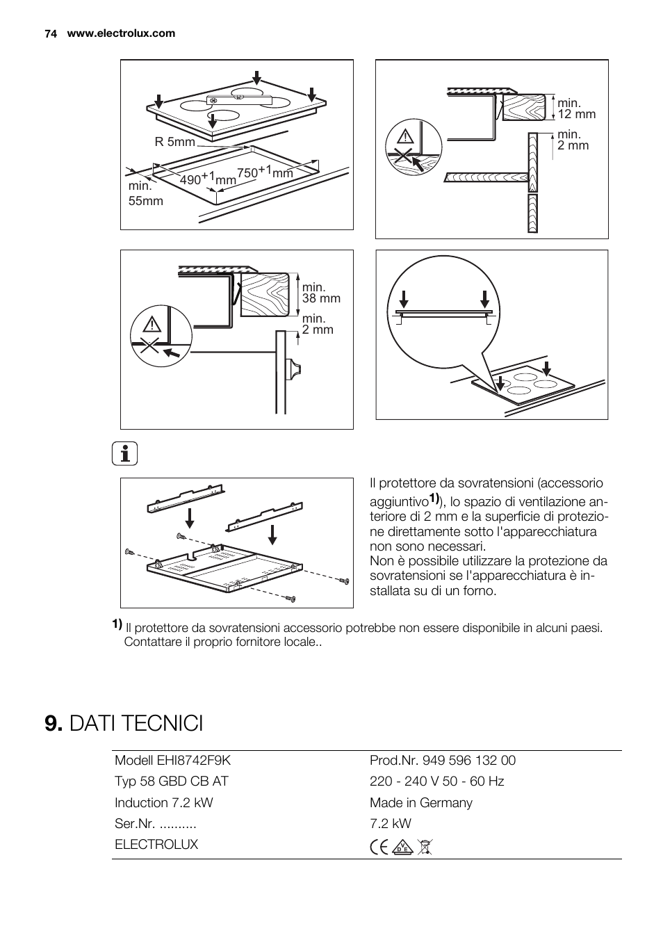 Dati tecnici | Electrolux EHI8742F9K User Manual | Page 74 / 76