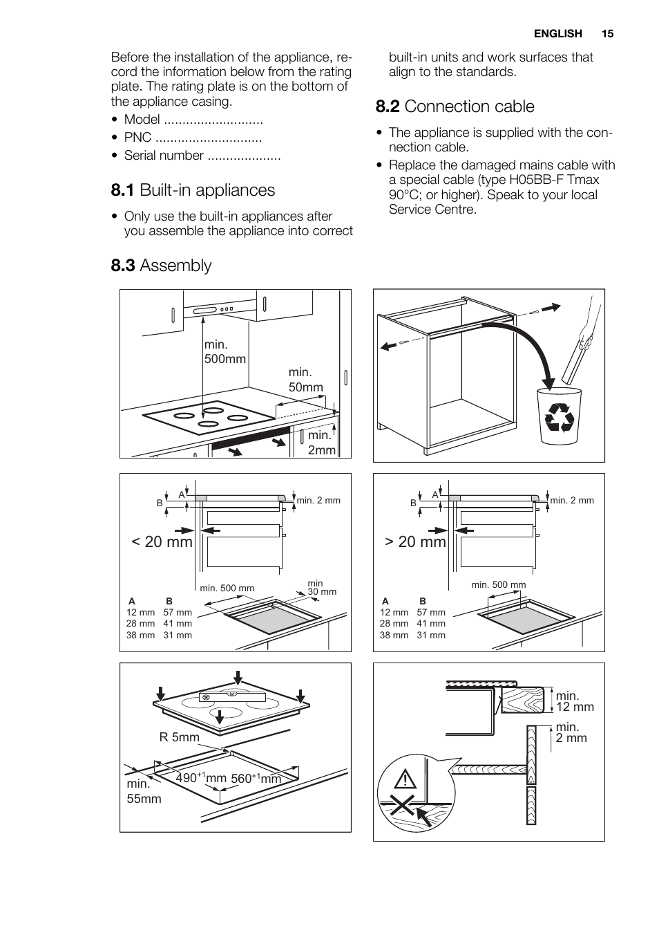 1 built-in appliances, 2 connection cable, 3 assembly | 20 mm | Electrolux EHM6532IOW User Manual | Page 15 / 72