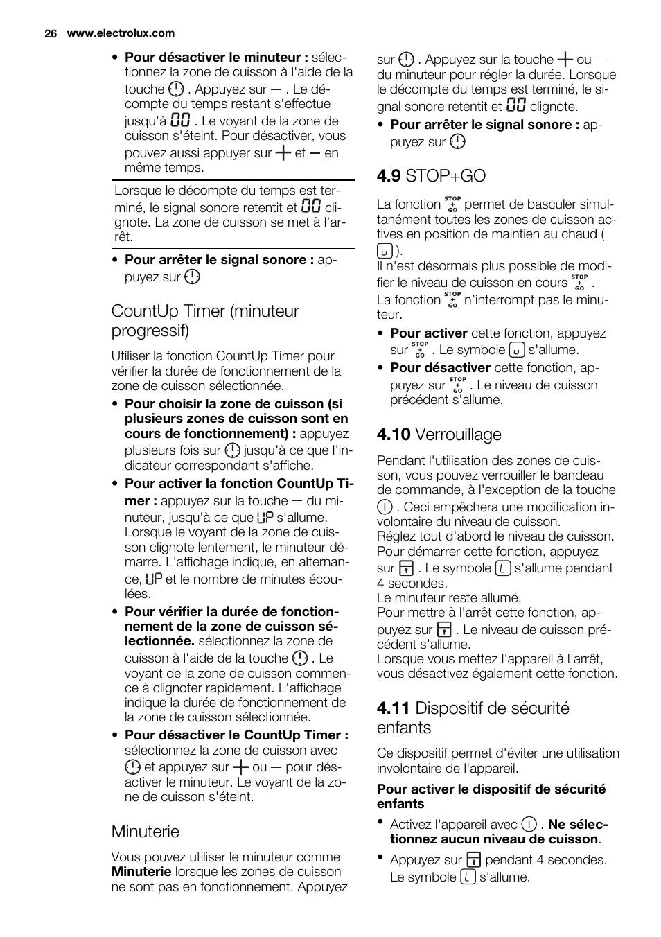 Countup timer (minuteur progressif), Minuterie, 9 stop+go | 10 verrouillage, 11 dispositif de sécurité enfants | Electrolux EHM6532IOW User Manual | Page 26 / 72