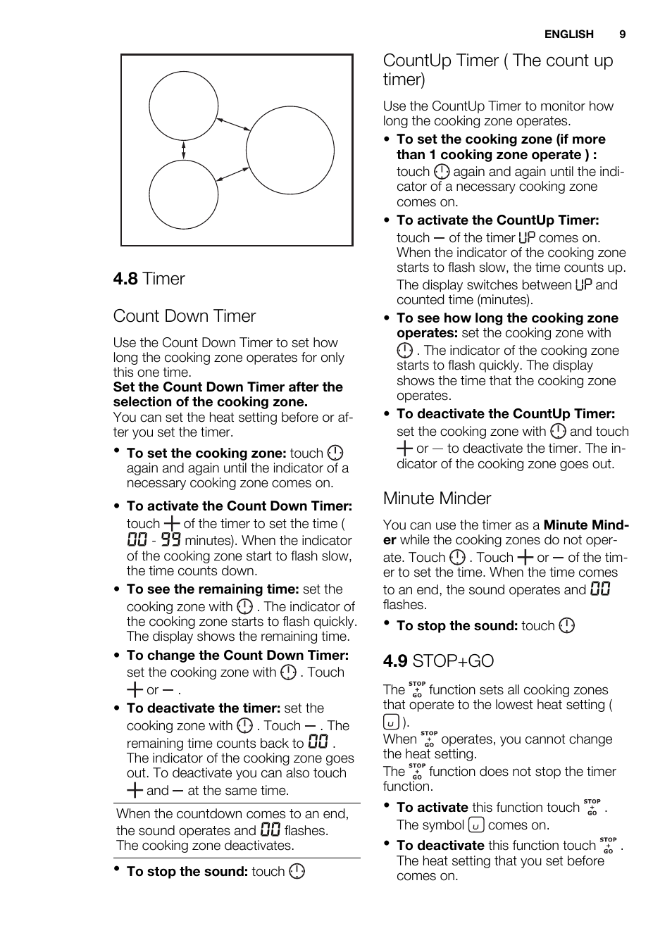 8 timer count down timer, Countup timer ( the count up timer), Minute minder | 9 stop+go | Electrolux EHM6532IOW User Manual | Page 9 / 72