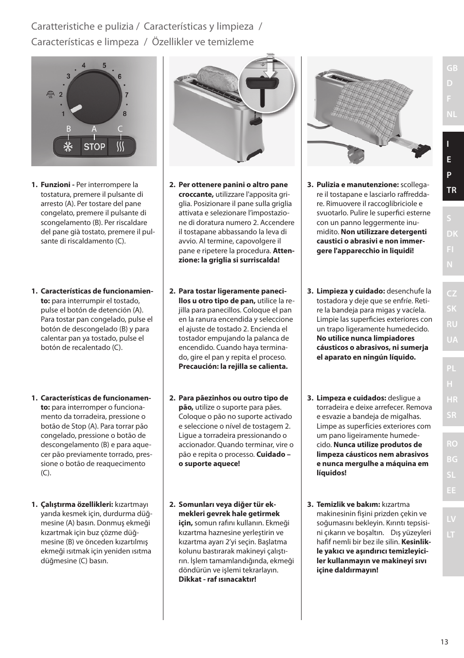 Caratteristiche e pulizia, Características y limpieza, Características e limpeza | Özellikler ve temizleme | Electrolux EAT5010 User Manual | Page 13 / 48