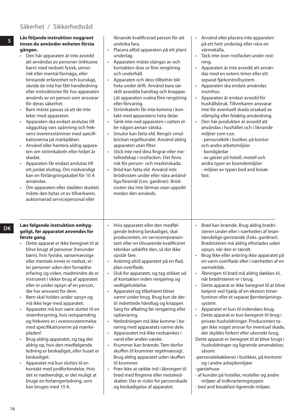 Säkerhet / sikkerhedsråd | Electrolux EAT5010 User Manual | Page 16 / 48