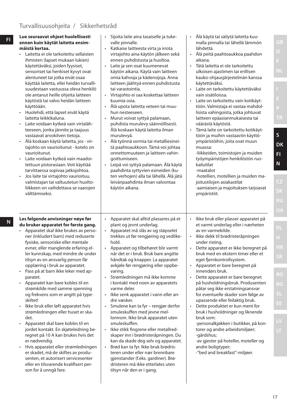 Turvallisuusohjeita / sikkerhetsråd | Electrolux EAT5010 User Manual | Page 17 / 48