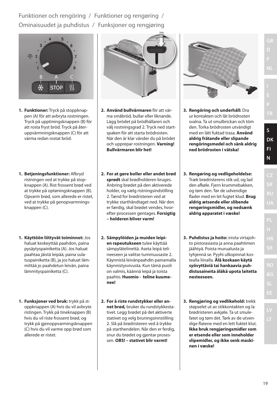 Funktioner och rengöring, Funktioner og rengøring, Ominaisuudet ja puhdistus | Funksjoner og rengjøring | Electrolux EAT5010 User Manual | Page 19 / 48