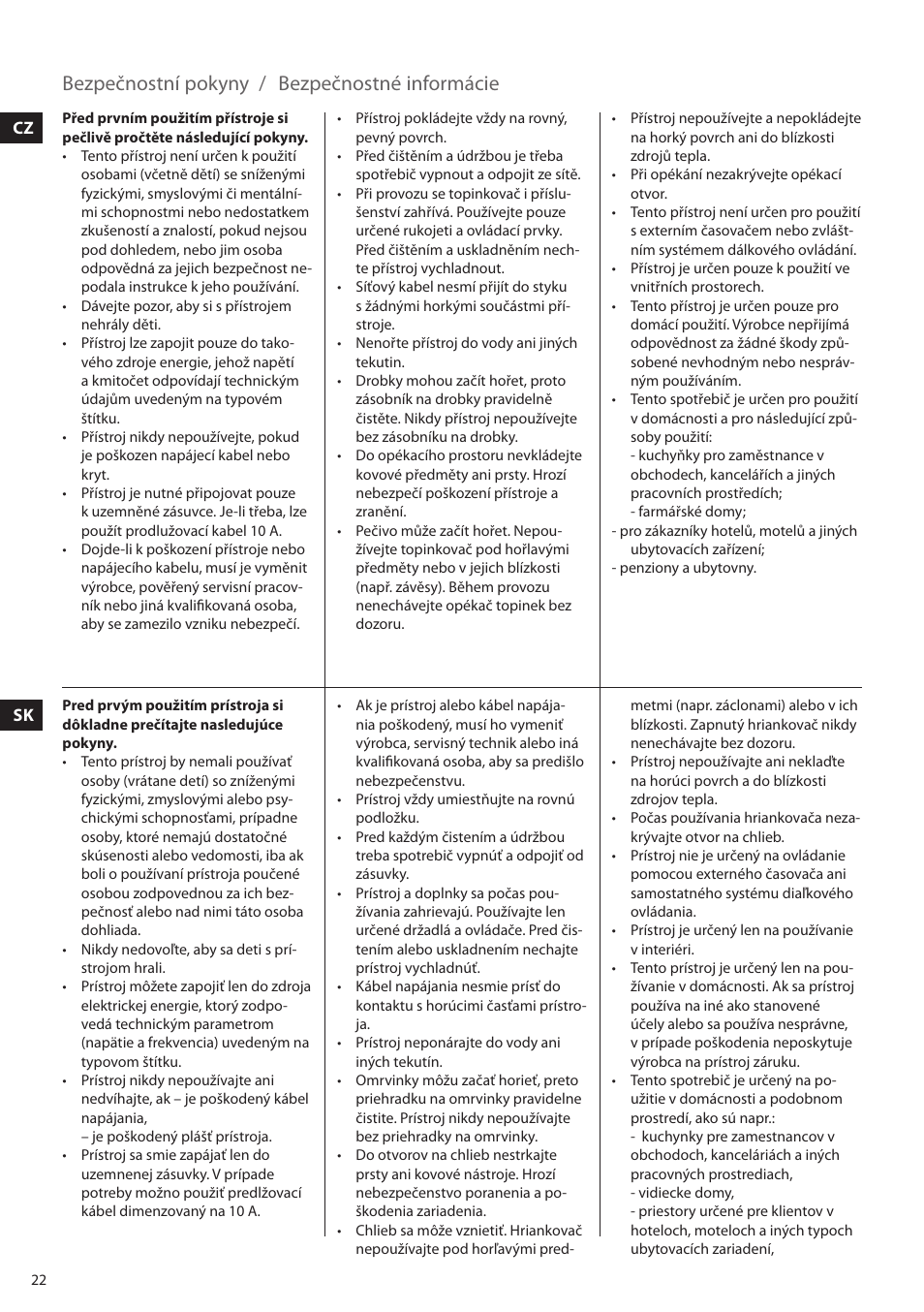 Bezpečnostní pokyny / bezpečnostné informácie | Electrolux EAT5010 User Manual | Page 22 / 48