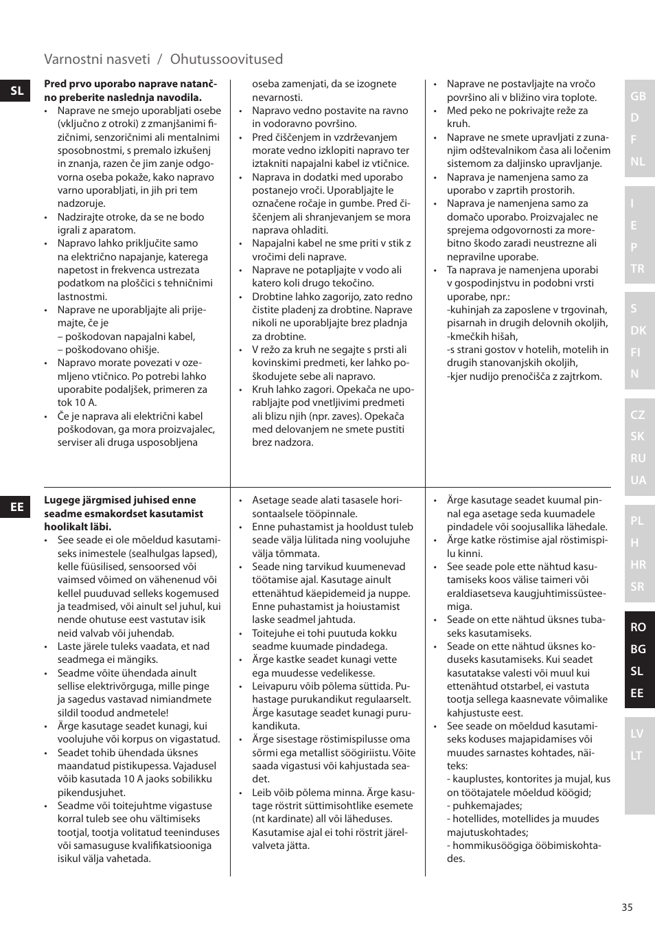 Varnostni nasveti / ohutussoovitused | Electrolux EAT5010 User Manual | Page 35 / 48