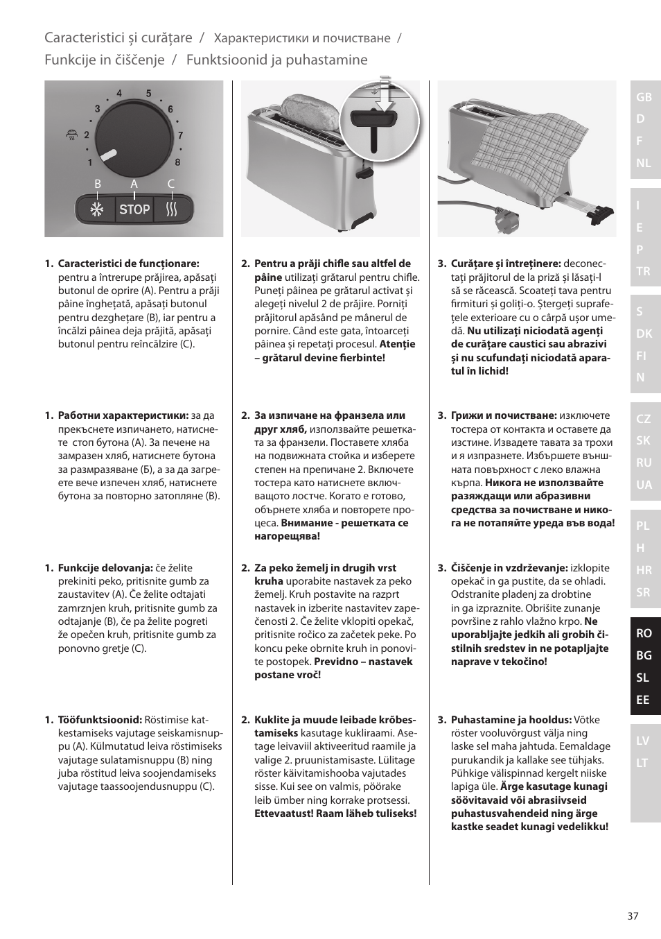 Caracteristici şi curăţare, Funkcije in čiščenje, Funktsioonid ja puhastamine | Electrolux EAT5010 User Manual | Page 37 / 48