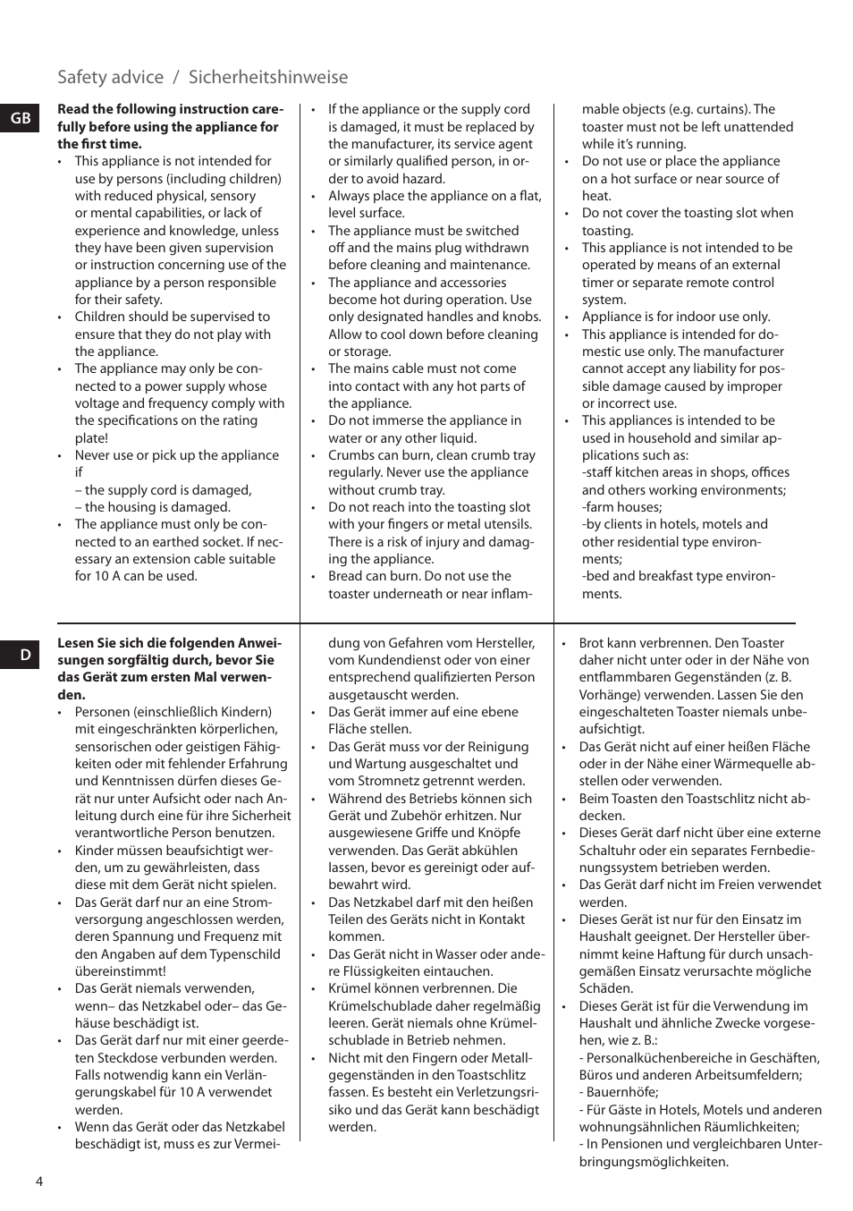 Sicherheitshinweise, Safety advice | Electrolux EAT5010 User Manual | Page 4 / 48
