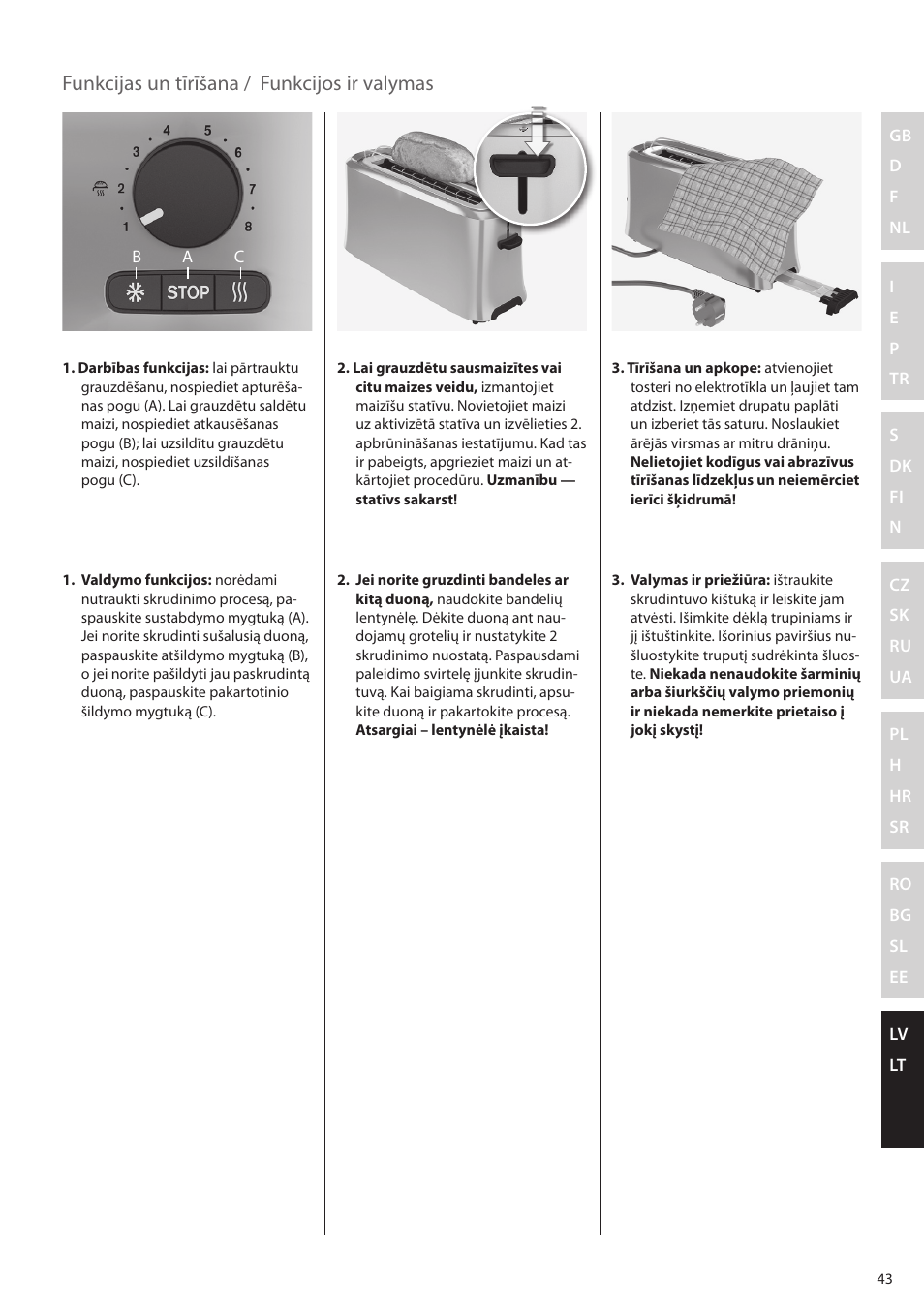 Funkcijas un tīrīšana, Funkcijos ir valymas | Electrolux EAT5010 User Manual | Page 43 / 48