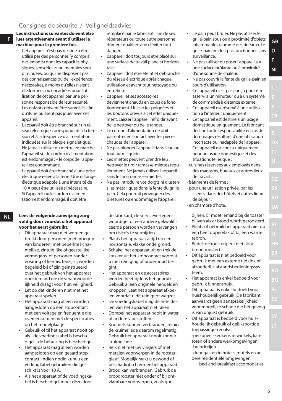 Consignes de sécurité / veiligheidsadvies | Electrolux EAT5010 User Manual | Page 5 / 48