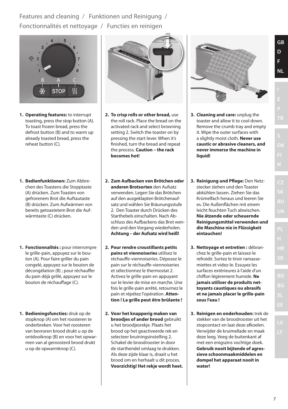 Funktionen und reinigung, Features and cleaning, Fonctionnalités et nettoyage | Functies en reinigen | Electrolux EAT5010 User Manual | Page 7 / 48