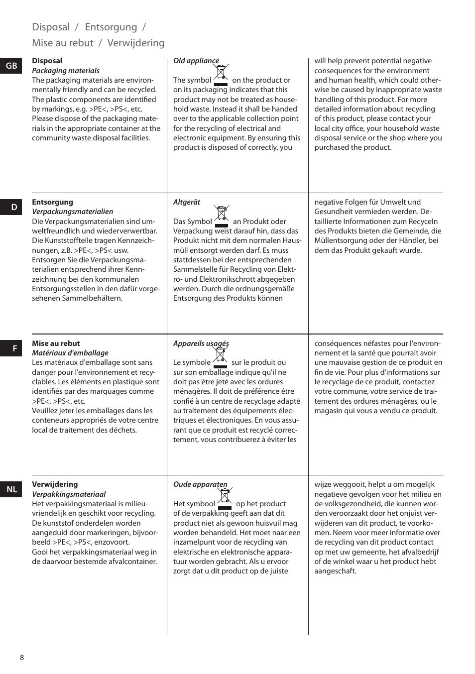 Disposal, Entsorgung, Mise au rebut | Verwijdering | Electrolux EAT5010 User Manual | Page 8 / 48