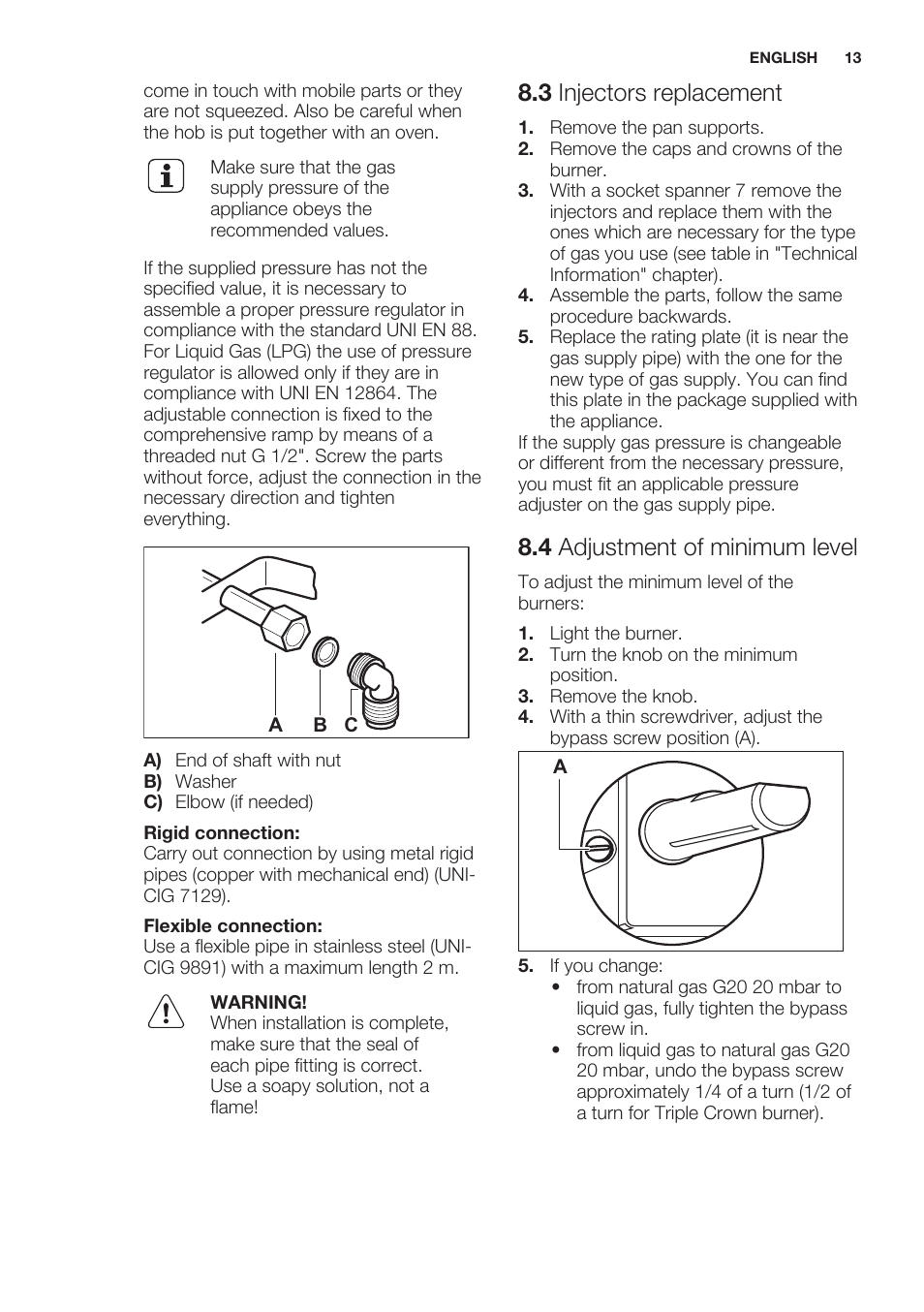 3 injectors replacement, 4 adjustment of minimum level | Electrolux EGG7253NOX User Manual | Page 13 / 52