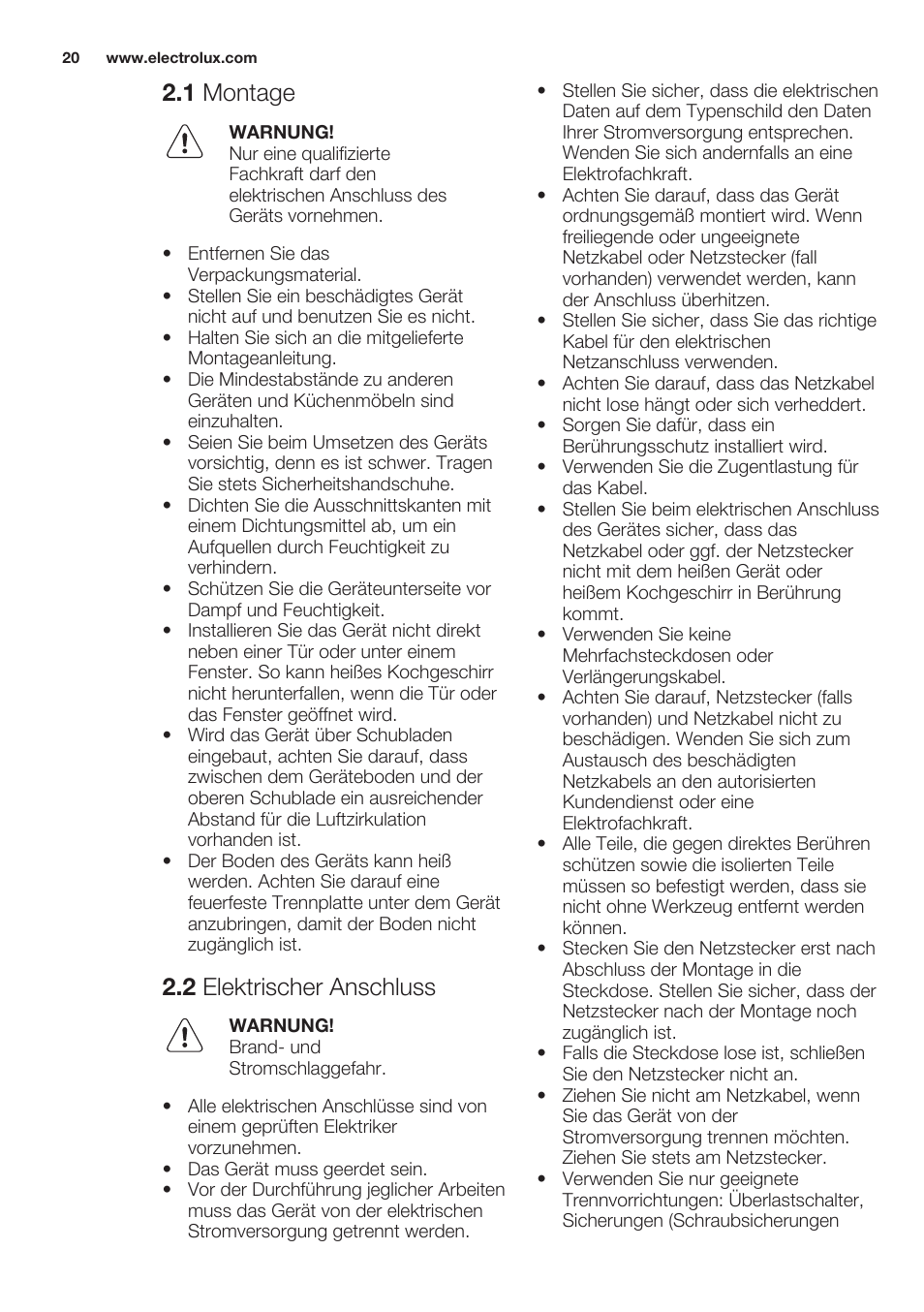 1 montage, 2 elektrischer anschluss | Electrolux EGG7253NOX User Manual | Page 20 / 52