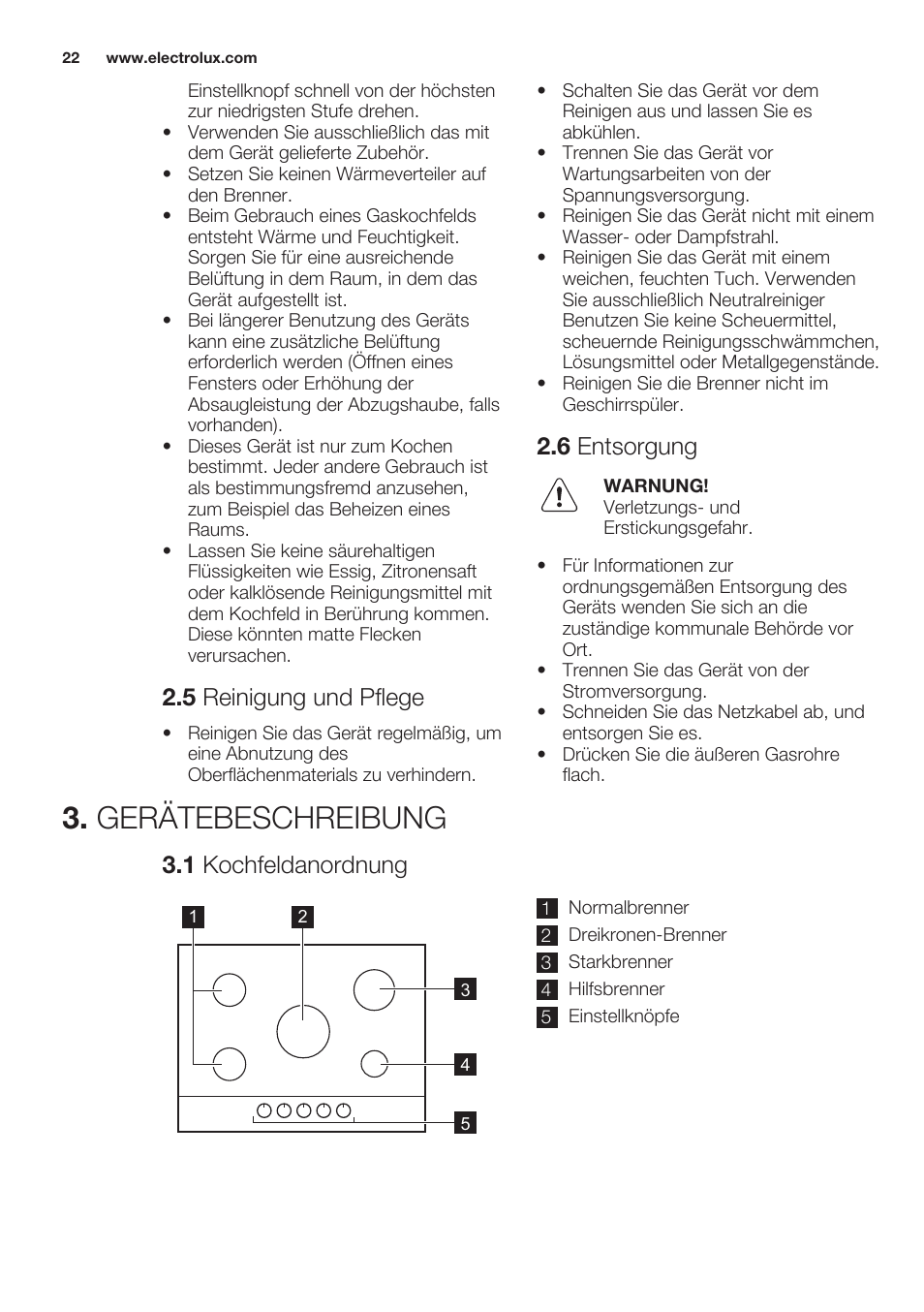 5 reinigung und pflege, 6 entsorgung, Gerätebeschreibung | 1 kochfeldanordnung | Electrolux EGG7253NOX User Manual | Page 22 / 52