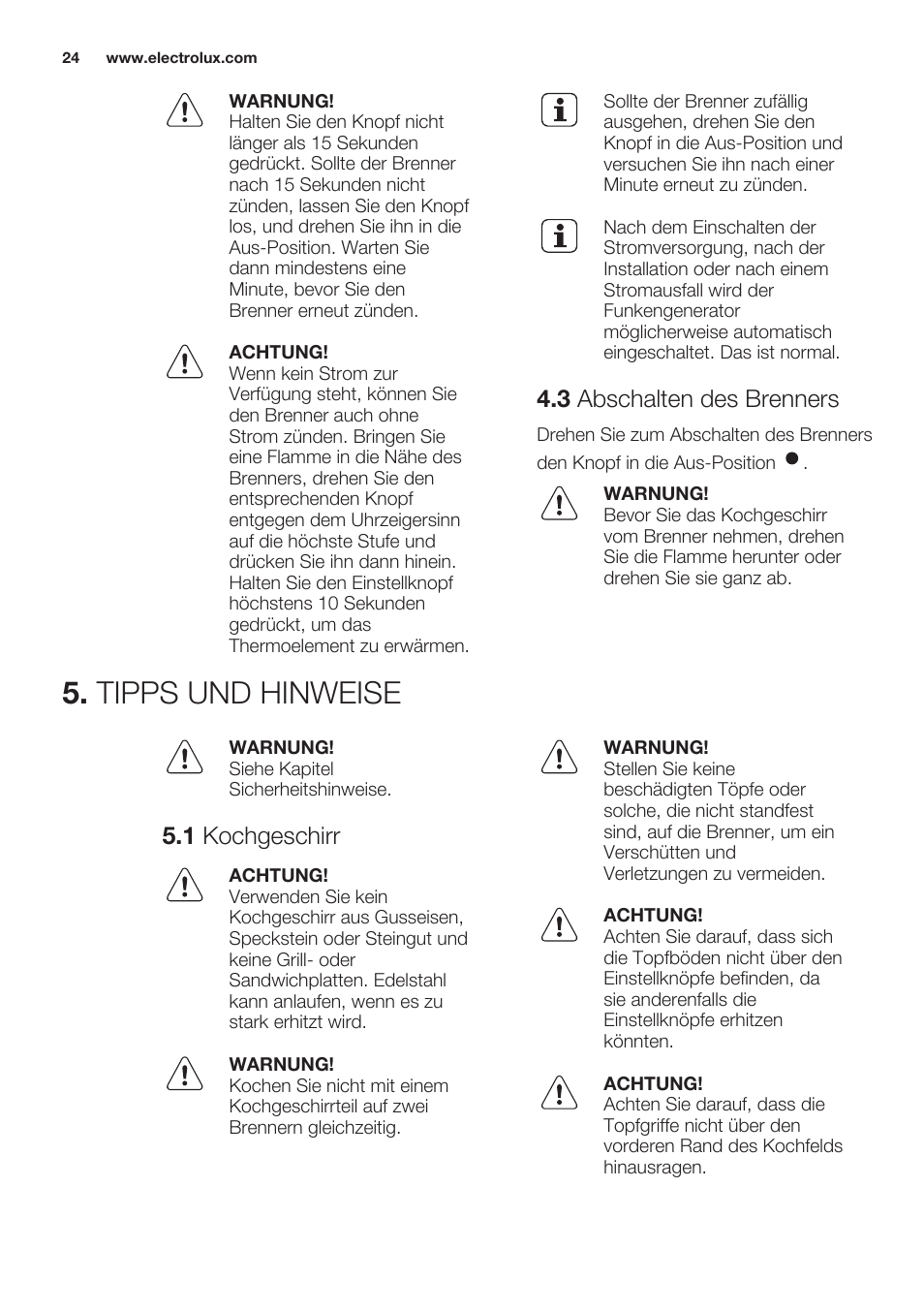 3 abschalten des brenners, Tipps und hinweise, 1 kochgeschirr | Electrolux EGG7253NOX User Manual | Page 24 / 52