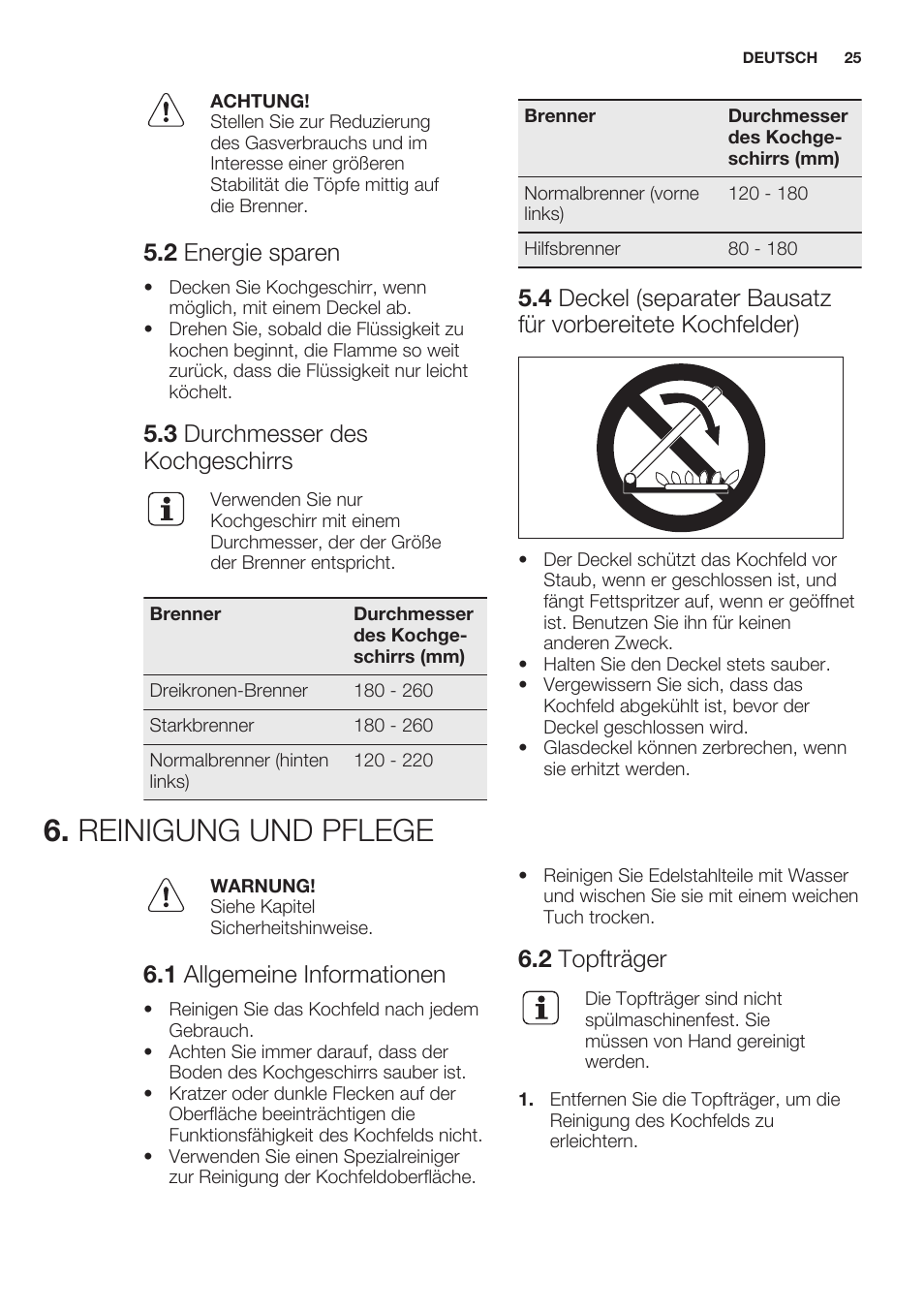 2 energie sparen, 3 durchmesser des kochgeschirrs, Reinigung und pflege | 1 allgemeine informationen, 2 topfträger | Electrolux EGG7253NOX User Manual | Page 25 / 52