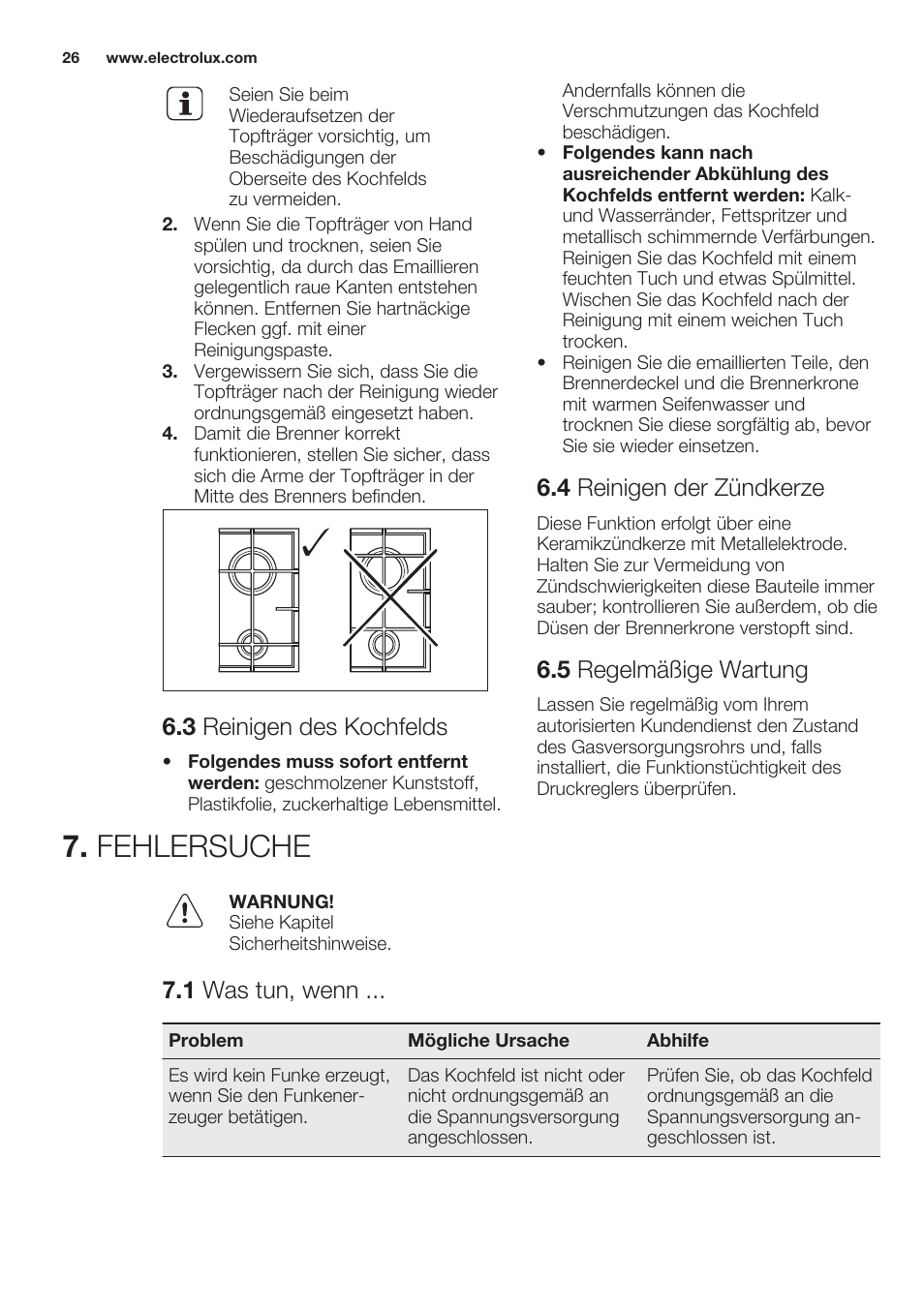 3 reinigen des kochfelds, 4 reinigen der zündkerze, 5 regelmäßige wartung | Fehlersuche, 1 was tun, wenn | Electrolux EGG7253NOX User Manual | Page 26 / 52